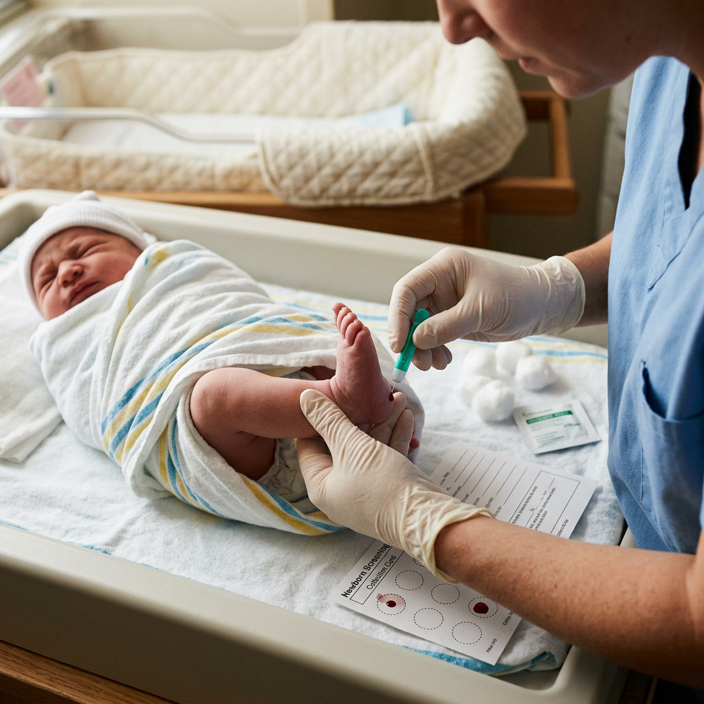 Healthcare worker collecting a blood sample from newborn's heel for screening test