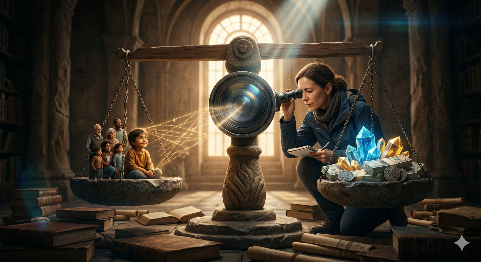 A researcher kneels beside a large balance scale, looking through a telescope toward the left pan where a diverse group of people sits, while the right pan holds money and glowing crystals in a library-like setting.